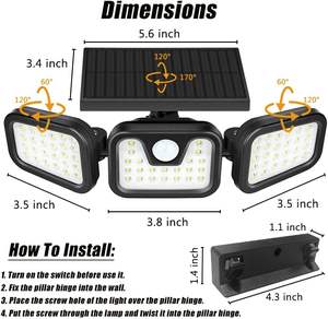 Lampada solare da giardino per Garage da esterno a 3 teste sensore di movimento luce IP65 270 impermeabile grandangolare Flood da parete con 3 modalità 74Led - Product Image 2