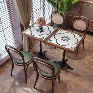 Ensemble de meubles de café rétro bohème, table à manger carrée en mosaïque de noyer foncé, fauteuils en bois, dossier en tissu à motifs floraux - Product Image 3