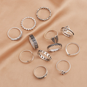 Vintage Alloy <b>Rings</b> Set 12pcs Antique Silver Plated Wings <b>Moon</b> Heart Leaf V Shape Women's Fashion Jewelry Party Accessories - Product Image 2