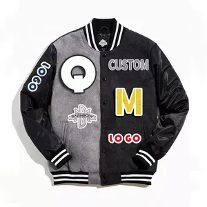 Custom Cheap Dark Black Wool Jackets With Leather Sleeves Varsity Jacket Wholesale Letterman College Jackets