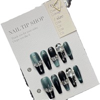 Gemmes vert foncé oeil de chat efficace fait à la main 10 pièces acrylique faux gel artificiel long cercueil porter presse sur les ongles