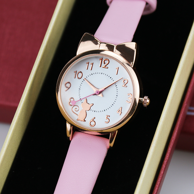 Fashion Business Children's Watches Alloy Leather Strap Cute Cartoon Cat Kids Watch Gift Set