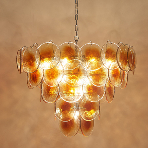 Lustre en laiton réglable en hauteur, suspension en verre de luxe, style Art Déco italien, pour villa, salle à manger, chambre principale, rétro, disque fumé - Product Image 4