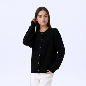 Cardigan da <span class=keywords><strong>Donna</strong></span> OEM ODM a Maniche Lunghe con Collo a O e Orlo a Costine, 100% Lana Lavorata a <span class=keywords><strong>Maglia</strong></span> - Product Image 4