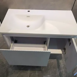 Desain baru kayu padat sudut bulat tubuh kayu lapis satu laci lukisan putih cermin Led lemari rias kamar mandi Modern