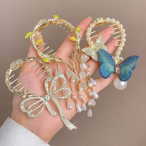 Luxe Metalen Kristallen Bloem Haarspeld Dames Strass Haarklauw Hoofd Haarclip Parel Gehaktbal Hoofd Met Paardenstaart Knoop - Product Image 4