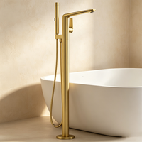 Robinet de baignoire professionnel en laiton brossé doré non revêtu, ensemble de robinetterie de baignoire à poser au sol avec douchette à main pour salle de bain
