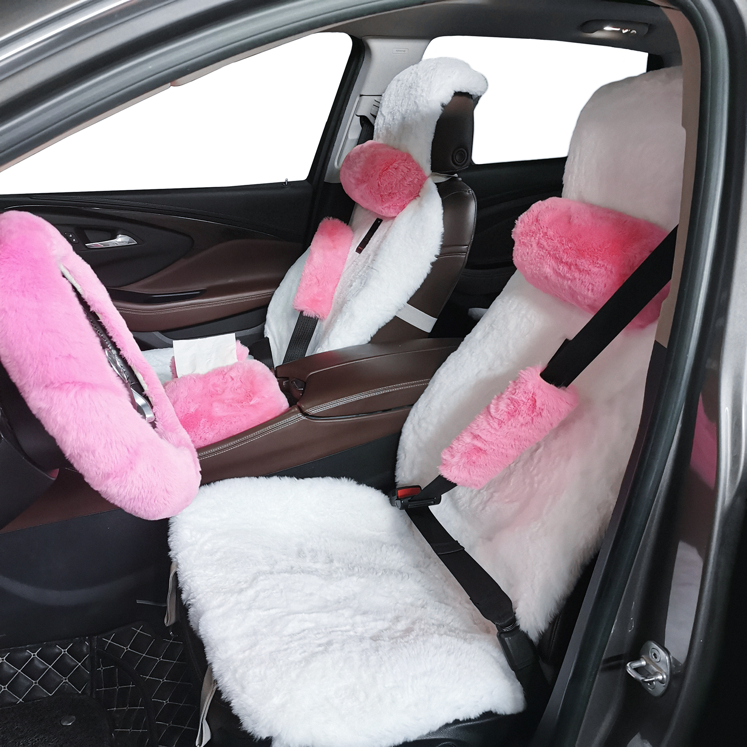 Furry Steering Wheel Covers для Women, Wool Fur, Soft, Pink, Warm, Non с сопротивлением скольжению car Decoration, Winter Fashion, 8 Pcs Gift Set