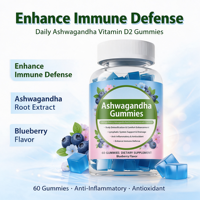 Bonbons gélifiés à l'extrait de racine d'ashwagandha haute puissance OEM, enrichis en vitamine D2, pour hommes, femmes et adultes. Non recommandé aux femmes enceintes. Soutien musculaire.