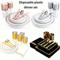 Assiettes rondes en plastique transparentes noires, rouges et colorées, jetables, pour le déjeuner, les mariages et les fêtes, avec gobelets et couverts