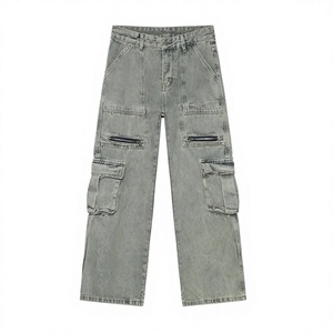 Jean cargo taille haute pour homme en denim déchiré coupe ample style utilitaire en coton pour l'automne - Product Image 1