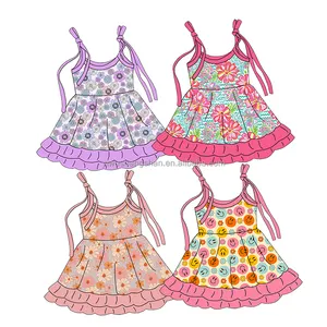 New Style Spring Flower Pattern Toddler Girls Dress Sling Sleeveless Milk Silk Fabric Kids Baby Pleated Skirt