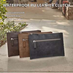 Unisex Minimalist Full Grain Genuine <b>Leather</b> Clutch <b>Bag</b> for Men Women Convertible <b>Small</b> Handheld Crossbody <b>Bag</b> Tri-Zippered - Product Image 2