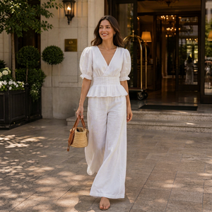 Women Two Piece Set Summer Casual 100% <b>Linen</b> V Neck Puff Sleeve Peplum <b>Top</b> And Wide Leg Pants Matching Outfits Wholesale - Product Image 1