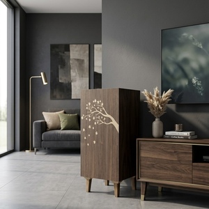 Armario de madera de estilo moderno de mediados de siglo con intrincados detalles de incrustaciones con motivos de árboles y tallados florales en madera escandinava maciza. - Product Image 3