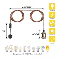 Cordon d'alimentation torsadé E27 standard britannique de 4,5 mètres pour lampe de table, cordon en corde de chanvre, prise suspendue, support/prise en aluminium 110-250V