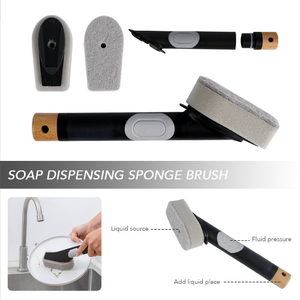 Eco Friendly Kitchen Dish Brush Soap Dispensing Scrub Brush <strong>Sponge</strong> with Wooden <strong>Handle</strong> - Product Image 2
