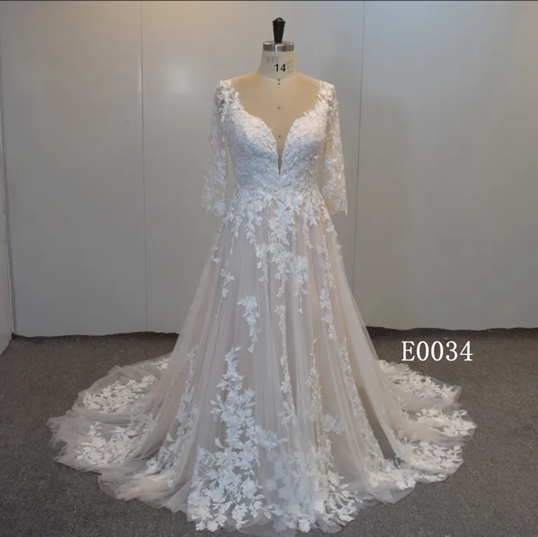 Deep V long sleeves champagne applique wedding dress for bridal gowns