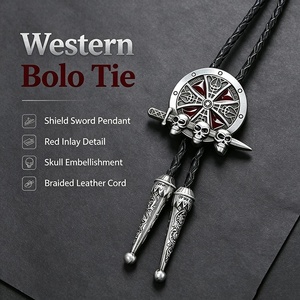 Cravate Bolo Western avec pendentif bouclier et épée, incrustation rouge, embellissement crâne, cordon en cuir tressé, pour usage quotidien décontracté - Product Image 1