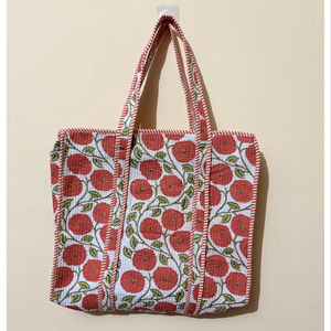 Bolso Tote de Algodón Acolchado con Diseño de Flor Roja, Estilo Moderno, Bolso de Mano Personalizado Hecho a Mano, Bolso de Hombro para Venta al Por Mayor - Product Image 1