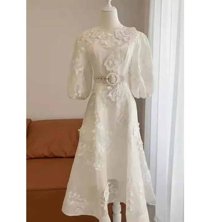 Wholesale Getspring Women Dress Vintage O Neck Puff Sleeve Flower Belt Large Hem Long White Lace Dress Party Dress 2022