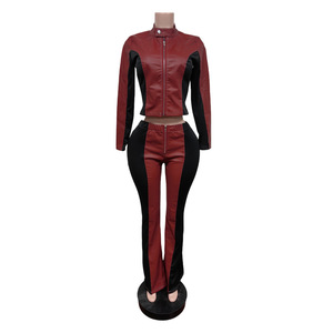 Ensemble de 2 pièces décontracté pour femmes, veste courte en PU et pantalon long assorti, style streetwear, ensemble de 2 pièces Y2K, tenue en <span class=keywords><strong>cuir</strong></span> pour femmes - Product Image 4