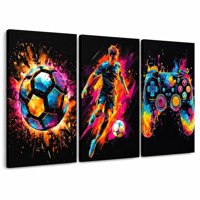 Colorful Soccer Gamer 3 Piece Gallery Wrapped Canvas Print Wall Art Sport Game Player Decor for Boys Bedroom Teen Game Room