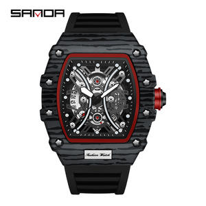Montre à quartz pour homme SANDA 7044, bracelet en silicone rouge, cadran découpé tonneau, lumineuse, Relogio Masculino - Product Image 1