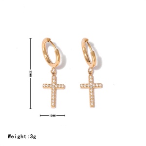 Pendientes de Aro Populares y Sencillos al por Mayor, Unisex, de Acero Inoxidable con Cruz y Piedras Preciosas - Product Image 2