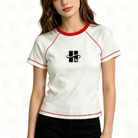 Camiseta de Verano Casual para Mujer, Personalizada con Serigrafía, Cuello Redondo, Costuras en Contraste, Algodón y Spandex, Corte Ajustado, Manga Raglán, Venta al Por Mayor