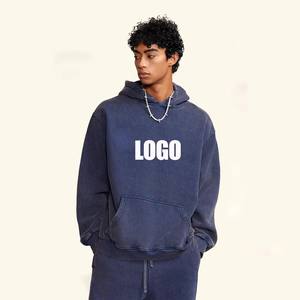 Sudadera con capucha personalizada de algodón grueso sin cordones, estilo vintage, con efecto desgastado, de felpa francesa, con estampado de letras, lavado ácido, teñido oversize - Product Image 2