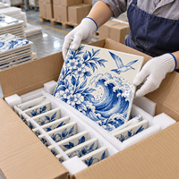 Mosaïque murale en céramique bleue et blanche peinte à la main, motif vague de mer, taille personnalisée pour la décoration murale de la salle de bain et de la cuisine