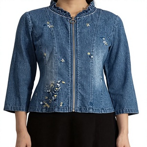 Hardihood International Women's Denim <b>Jacket</b> Floral Embroidery Zip Front Formal Autumn Style 3/4 Sleeve Distressed Cotton Woven - Product Image 1