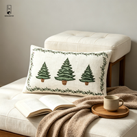 Housse de coussin lombaire brodée de Noël 50x30 en coton et lin, motif arbre, taie d'oreiller avec bordure en dentelle brodée pour canapé et décoration intérieure