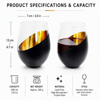 Verre à vin sans pied réutilisable et écologique de 540 ml, 100 % contrôle qualité manuel, en cristal noir et or, service complet direct usine