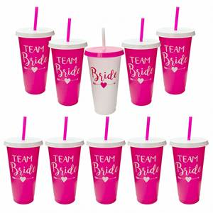 Gobelets de fête de mariage en PP rouge rose, 10 pièces, écologiques, à thème robe de mariée, avec couvercles, mugs de voyage souvenir pour demoiselles d'honneur, style américain - Product Image 1