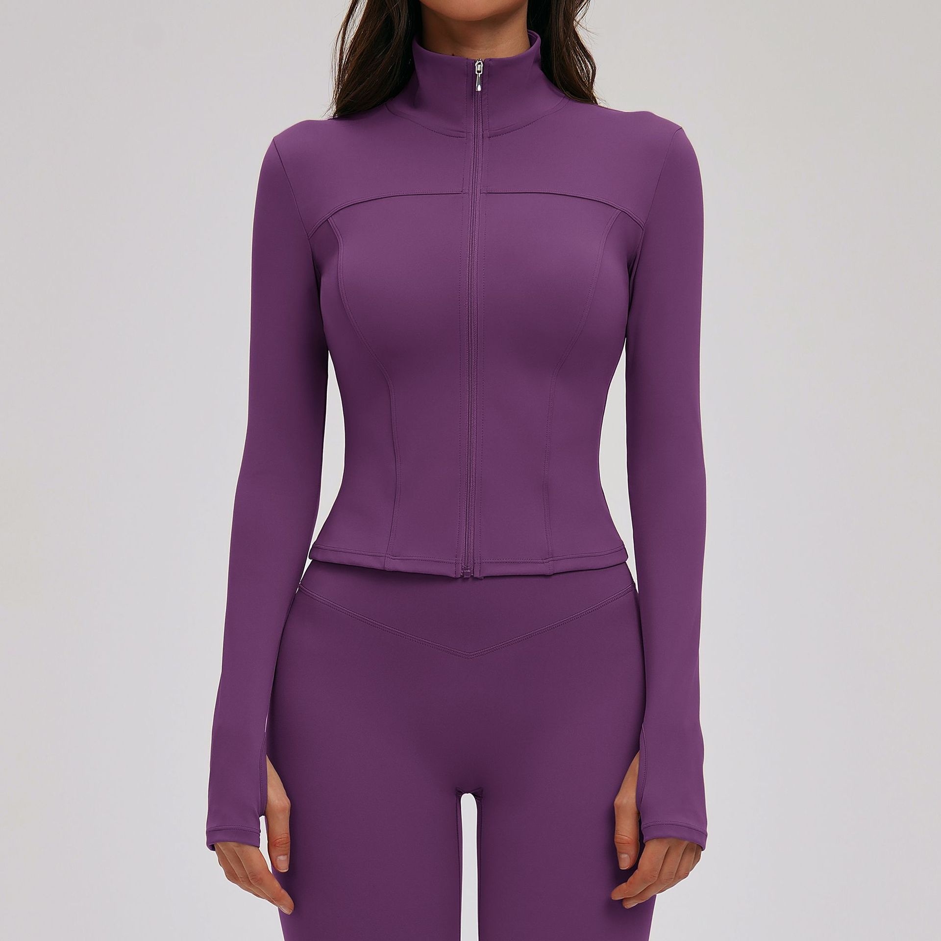 Women's Brushed Sweat-Wicking Yoga Jacket Stand Collar Long-sleeved Zipper Slim-fit Outdoor Sports Running Fitness