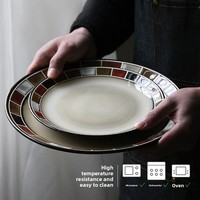Ensemble de vaisselle créatif en céramique de style américain, luxe léger rétro, série à carreaux rouges, compatible micro-ondes (assiette, bol, tasse, mug)