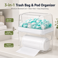 Distributeur de sacs poubelles 3-en-1 en plastique avec couvercle, organisateur sous évier et support pour dosettes de lave-vaisselle pour cuisine et buanderie