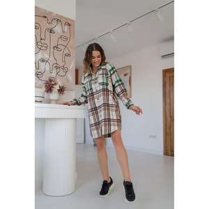 Wholesale Plaid Shirt Dress Natural Waist Turn-<b>down</b> Collar Woven Fabric Daily Casual Wear - Product Image 4