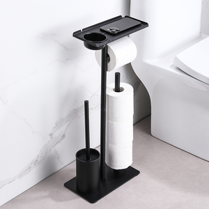 Support de brosse WC autoportant minimaliste avec porte-rouleau de papier toilette, en plastique noir mat, pour rangement de salle de bain - Product Image 6