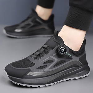 รองเท้าวิ่งกีฬาผู้ชาย สีดำ ผ้าตาข่าย ระบายอากาศดี แบบไม่ต้องผูกเชือก ปิดด้วยหัวเข็มขัด น้ำหนักเบา พื้นรองเท้าทนทาน เหมาะสำหรับออกกำลังกายกลางแจ้ง - Product Image 1