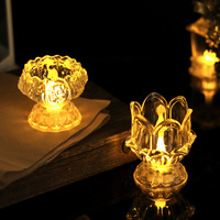 Lampe d'offrande de bouddha de lotus en plastique transparent à LED Ornement de temple en relief créatif Lampe éternelle Bougie sans flamme Décoration de fête