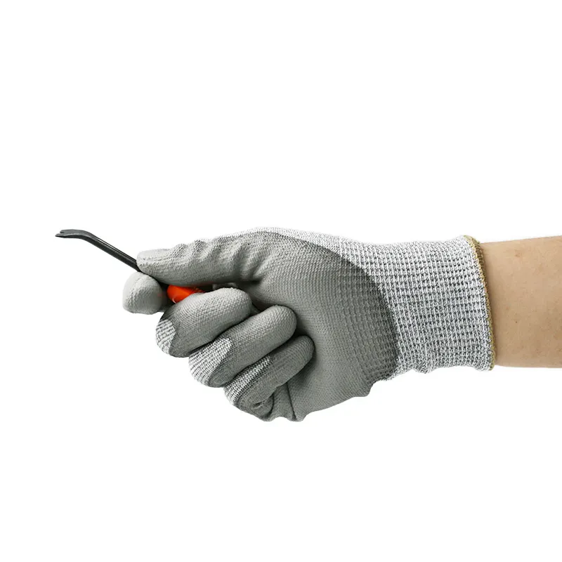 高品質グレーシームレス織り保護手袋PUパームフィンガーコーティンググローブ