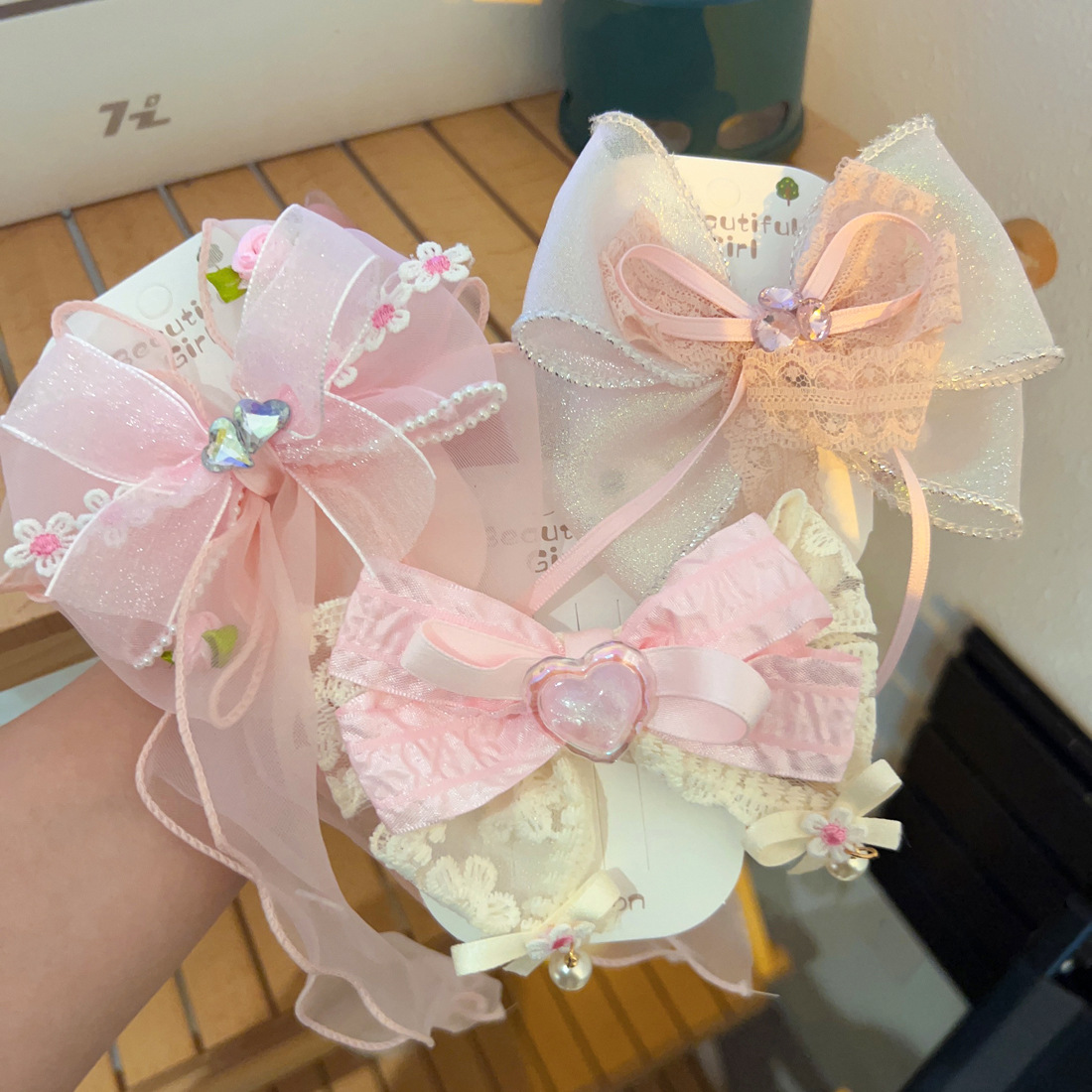 New Girly pink Ribbon Tassel Hair Clips Lolita Cute Mesh Bow