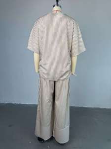 Ohsisa Completo da <span class=keywords><strong>Donna</strong></span> Estate 2025 Nuovo Casual Morbido con Top a Maniche Corte a Righe con Scollo a V e <span class=keywords><strong>Pantaloni</strong></span> a Gamba <span class=keywords><strong>Larga</strong></span> - Product Image 6