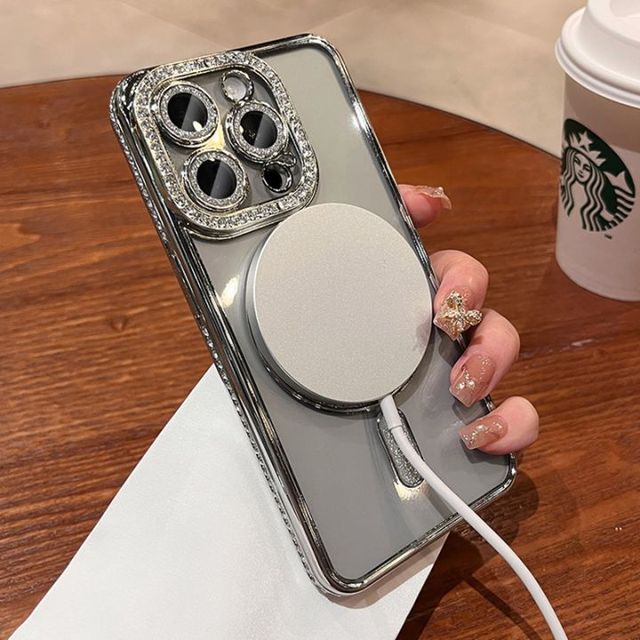 Luxury Electroplate Side Lens Diamond Glitter Magnetic Charging Mobile Phone Case for iPhone 17 Pro Max 16E 15 14 13 12 11 Cover