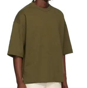 Yüksek kaliteli % 100% pamuk büyük boy grafik baskı boş Tee gömlek özel düz toplu damla omuz zeytin yeşili t-Shirt
