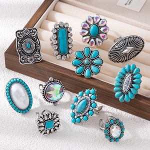 Anillos de Estilo Occidental con Incrustaciones de Turquesa para Mujer, Anillos Bohemios con Conchos de Turquesa al por Mayor, 11 Estilos a Elegir - Product Image 1