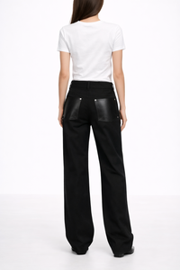 Pantalon large en <span class=keywords><strong>jean</strong></span> noir SHENGFU pour <span class=keywords><strong>femme</strong></span> avec patchwork en <span class=keywords><strong>cuir</strong></span>, pantalon de mode urbaine unisexe - Product Image 2